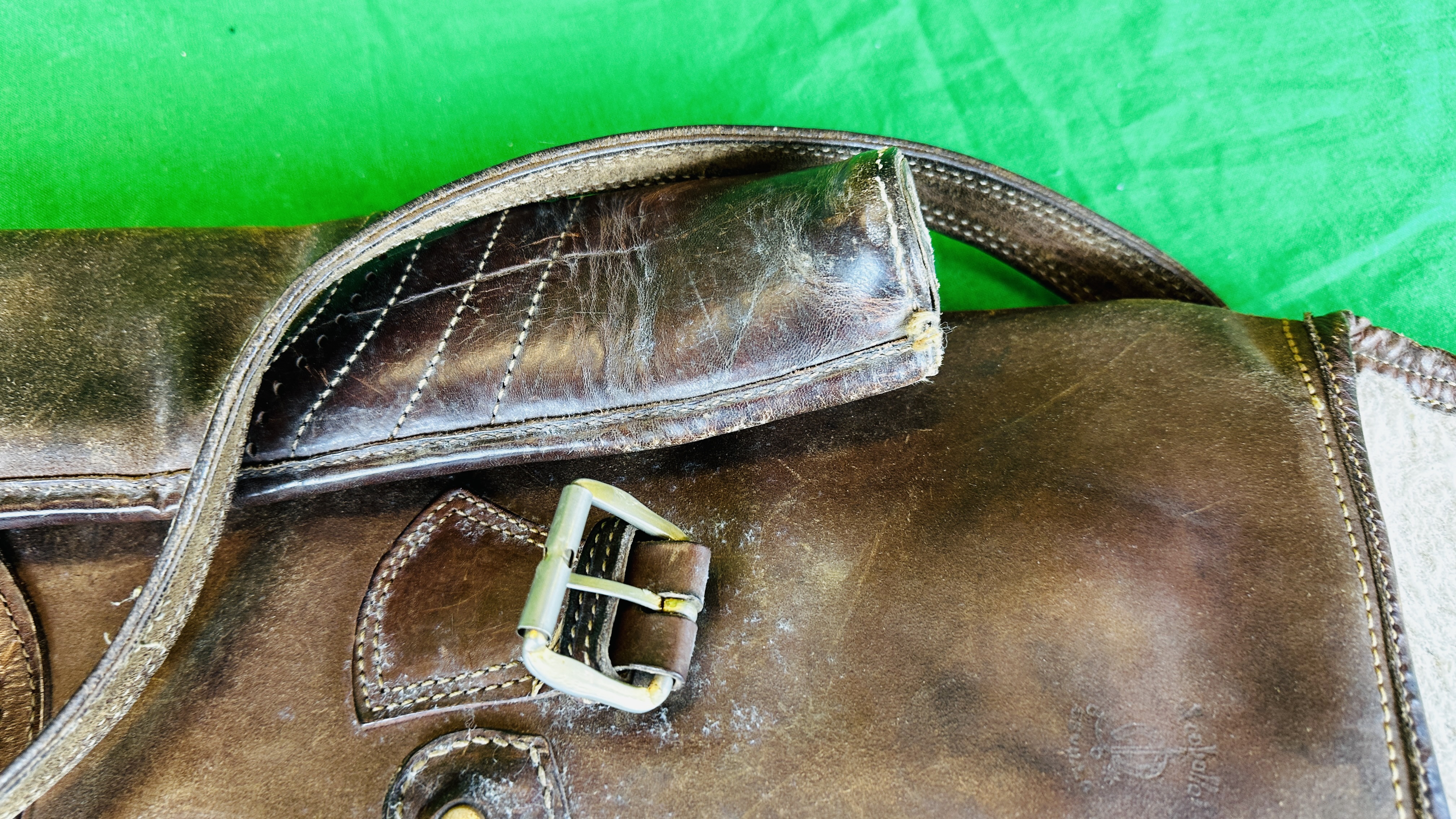 PAIR LEATHER GAITERS, LEATHER SHOTGUN SLIP AND TAN LEATHER FLASK HOLDER. - Image 8 of 10