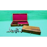 TWO VINTAGE WOODEN BOXES FOR PISTOLS AND TWO VINTAGE LOADING TOOLS