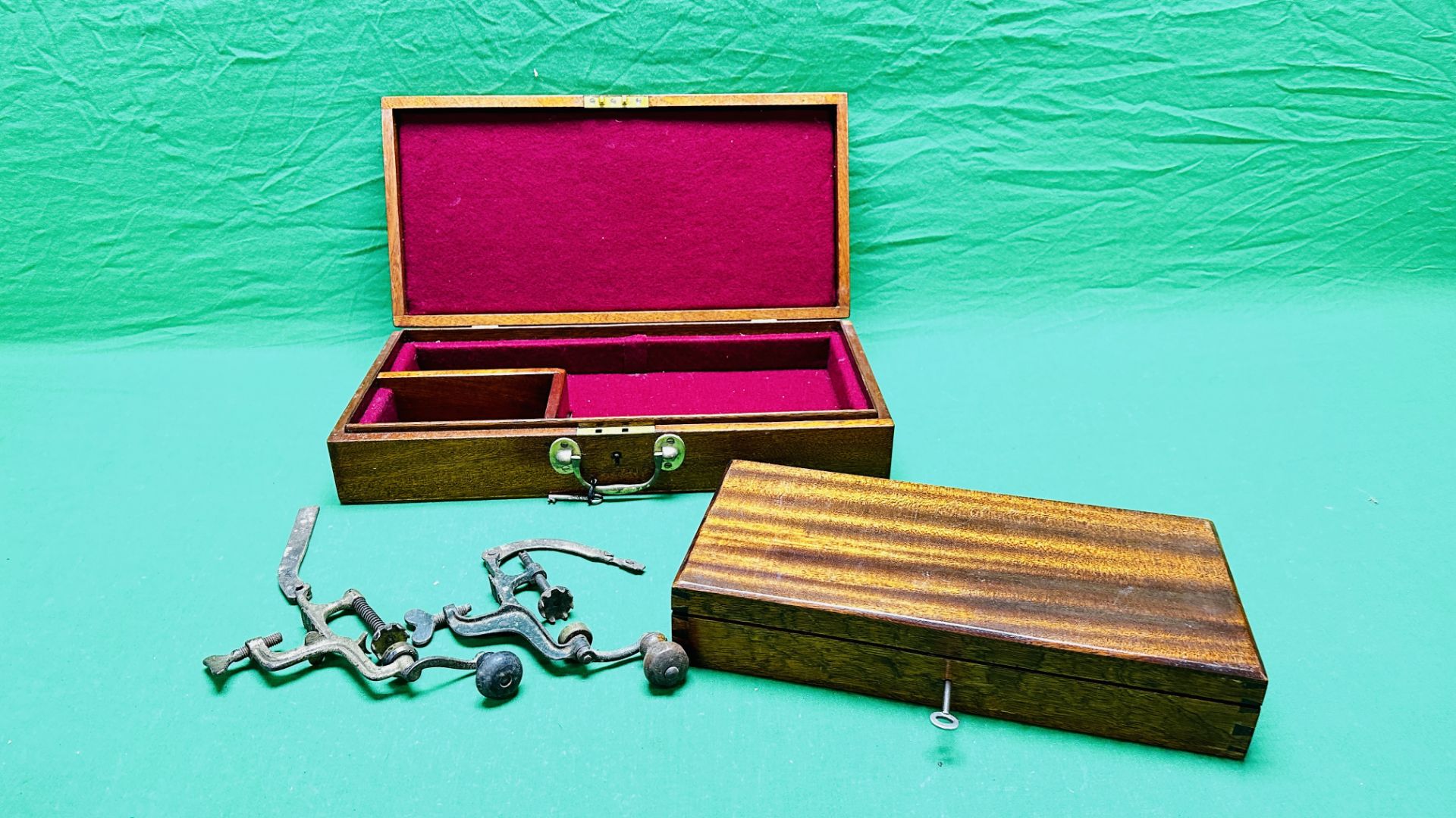 TWO VINTAGE WOODEN BOXES FOR PISTOLS AND TWO VINTAGE LOADING TOOLS