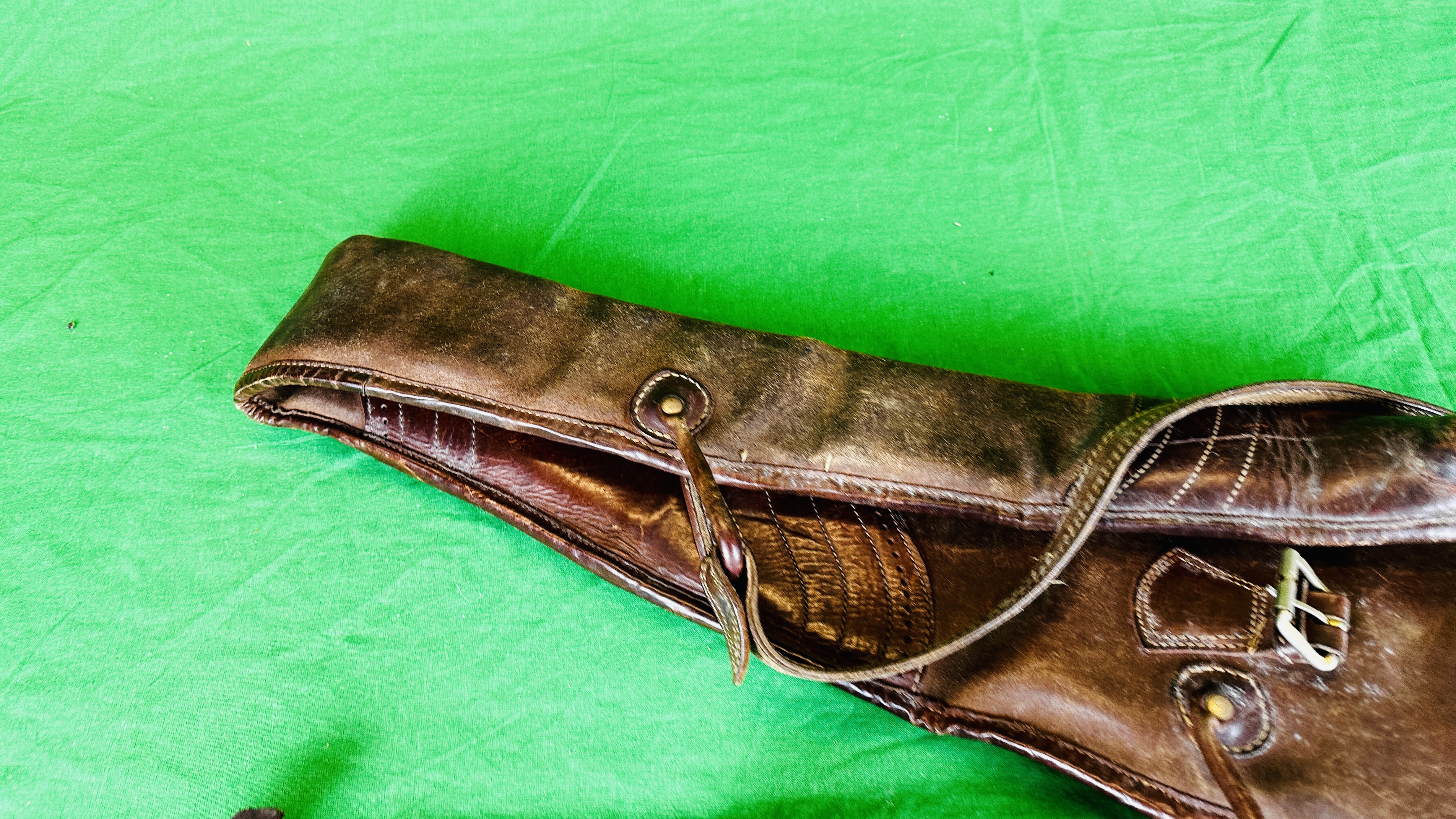 PAIR LEATHER GAITERS, LEATHER SHOTGUN SLIP AND TAN LEATHER FLASK HOLDER. - Image 7 of 10