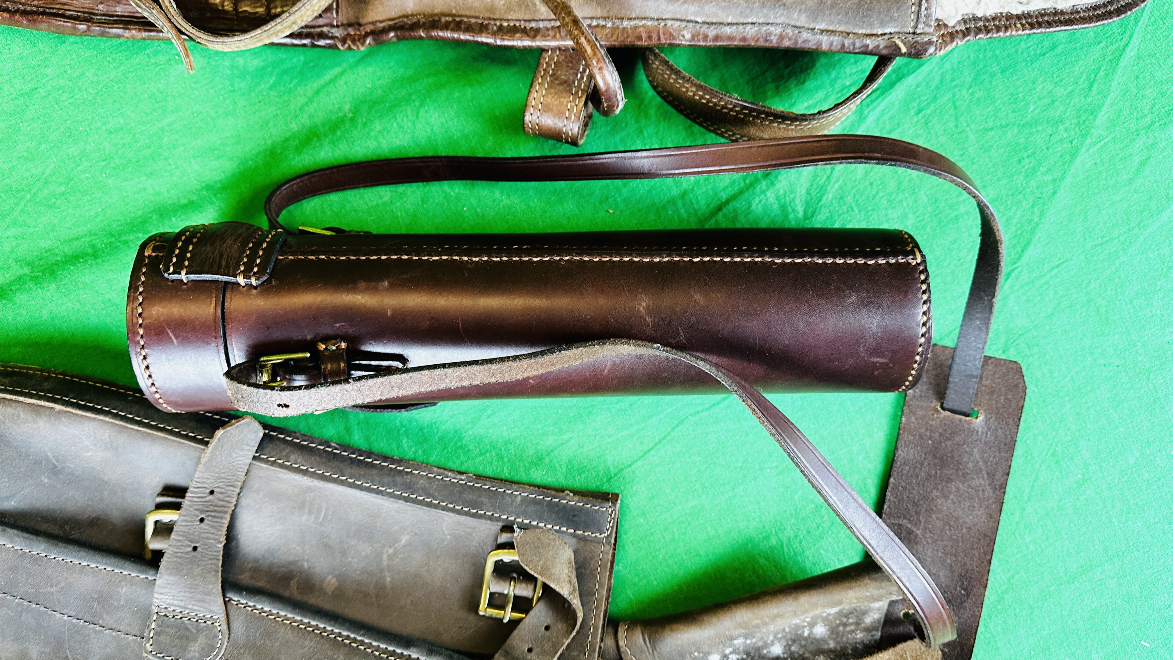 PAIR LEATHER GAITERS, LEATHER SHOTGUN SLIP AND TAN LEATHER FLASK HOLDER. - Image 5 of 10