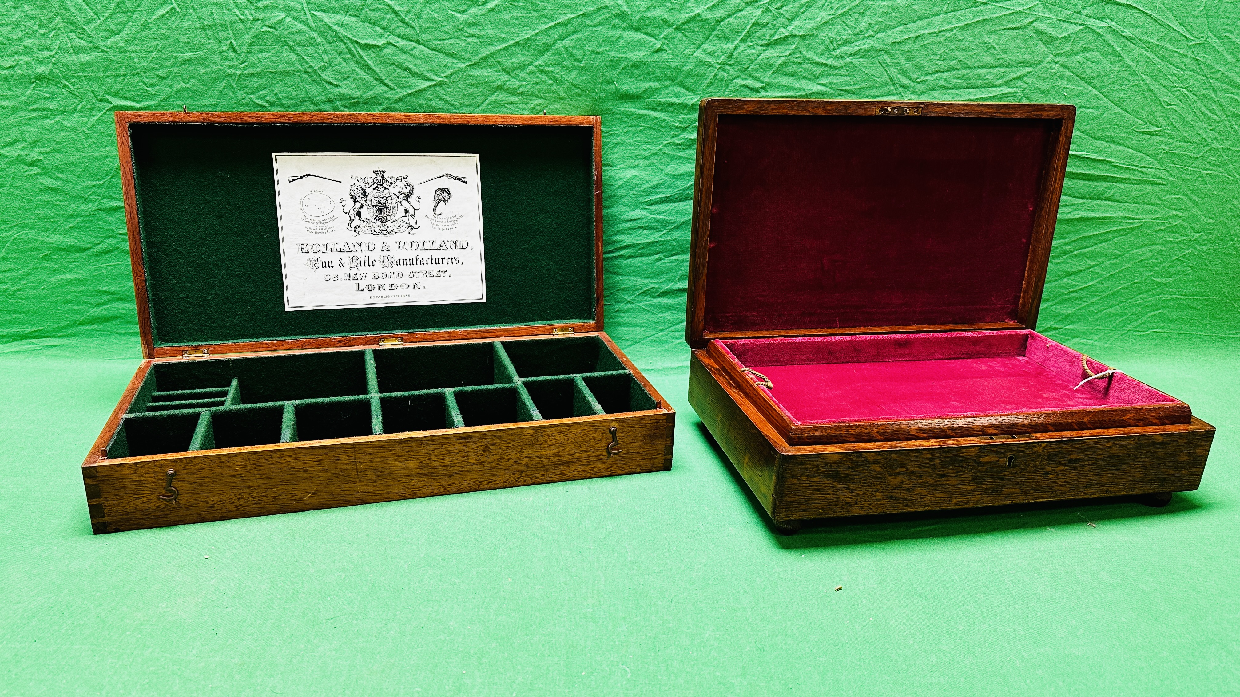 TWO WOODEN BOXES BAIZE LINED FOR SHOOTING ACCESSORIES INCLUDING ONE BEARING HOLLAND & HOLLAND LABEL.