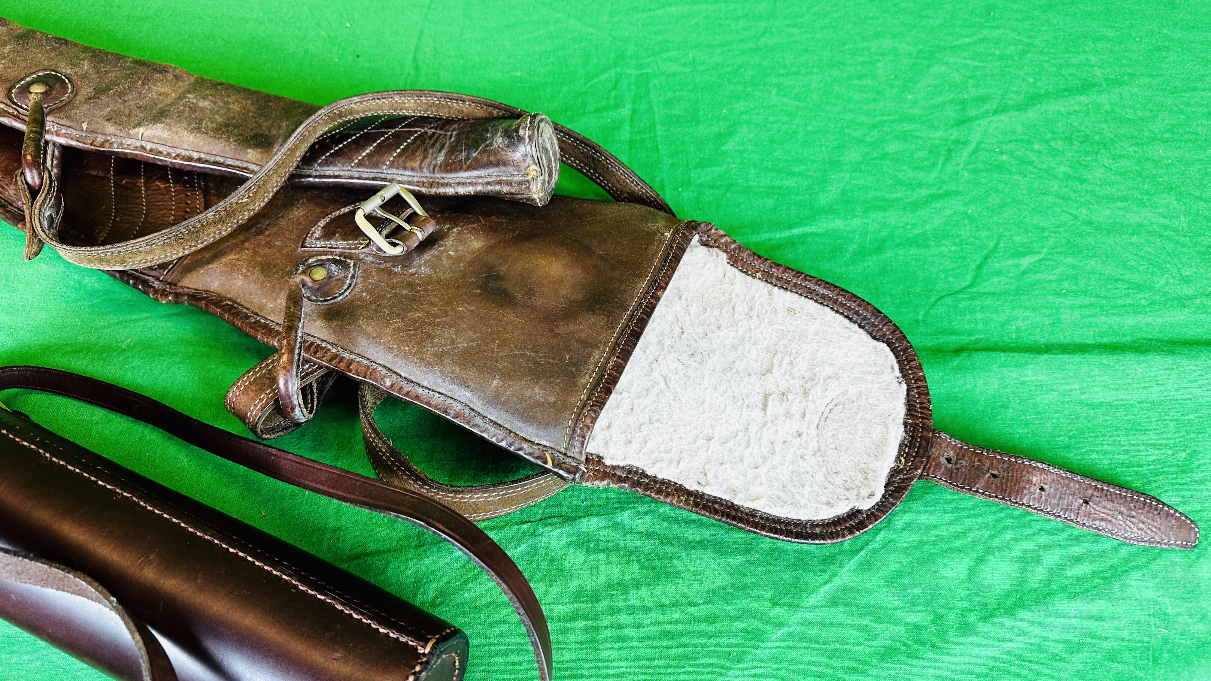 PAIR LEATHER GAITERS, LEATHER SHOTGUN SLIP AND TAN LEATHER FLASK HOLDER. - Image 6 of 10
