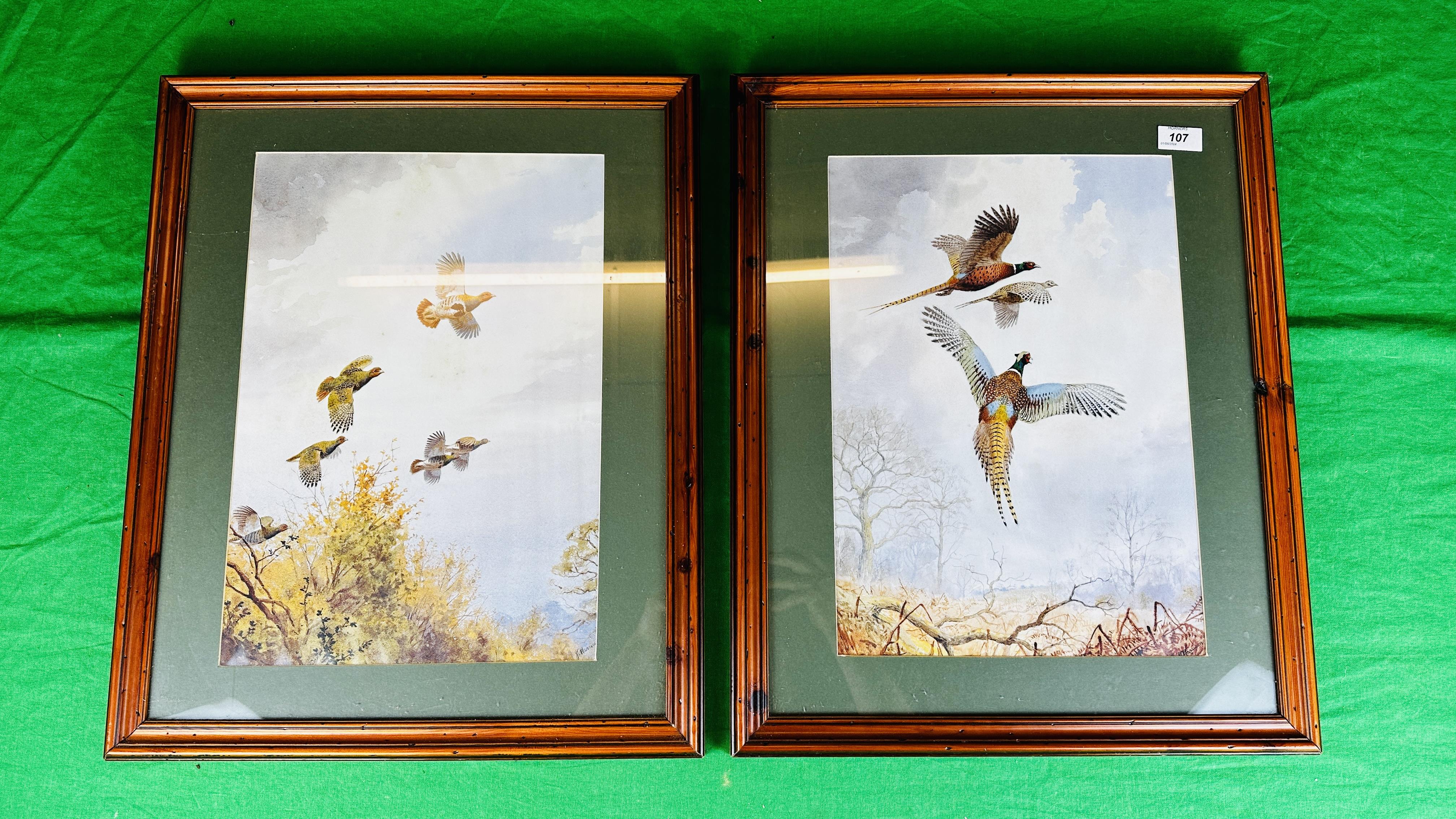 TWO FRAMED AND MOUNTED J.C. HARRISON GAME PRINTS PHEASANTS & PARTRIDGES, EACH 43 X 30CM.