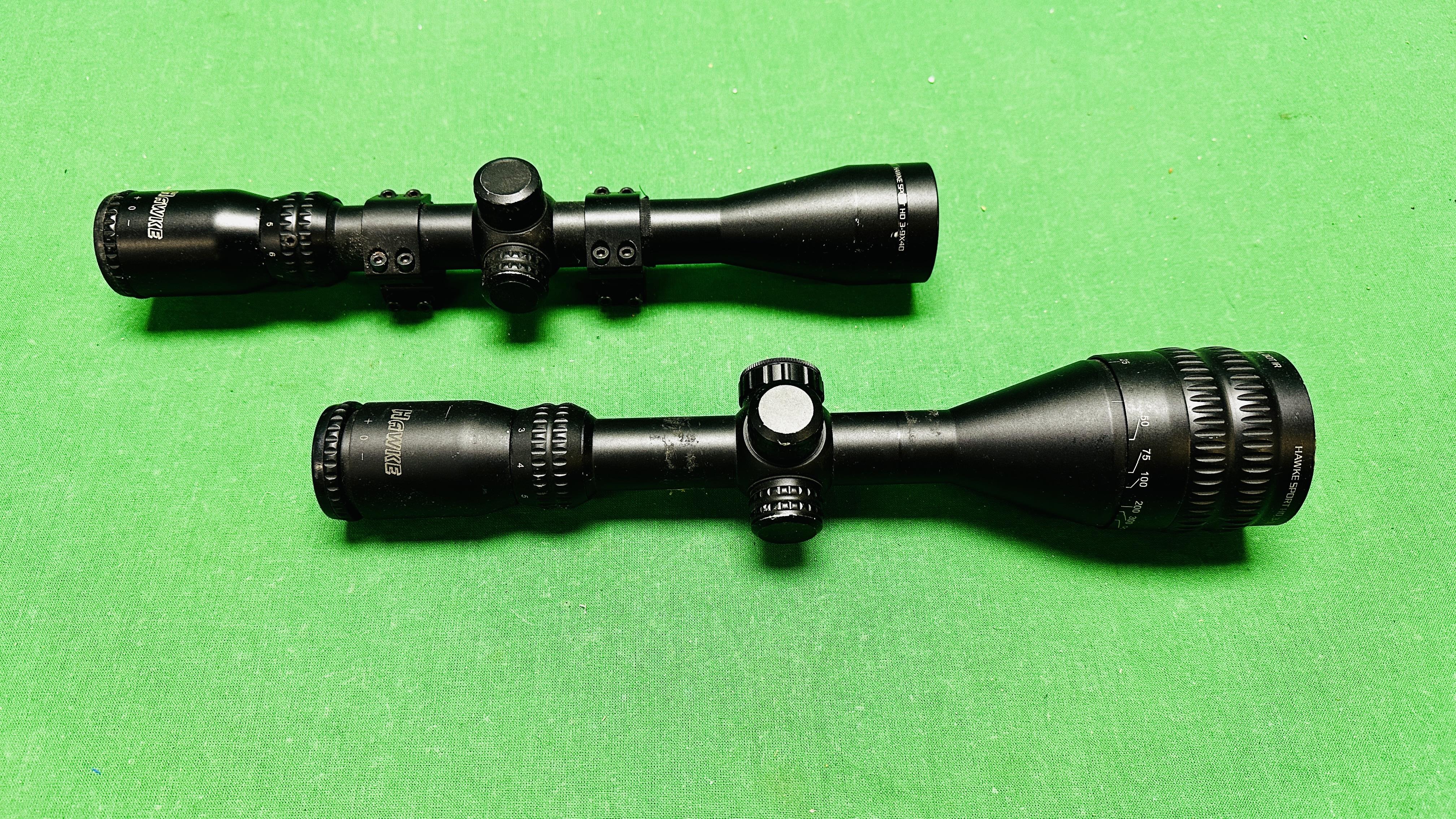 TWO HAWKE RIFLE SCOPES TO INCLUDE SPORT HD 3-9X40 WITH MOUNTS AND SPORT HD 3-9X50 AO MILL DOT IR.