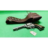 A WESTERN STYLE REPLICA REVOLVER WITH LEATHER HOLSTER AND ACCESSORIES - (ALL GUNS TO BE INSPECTED