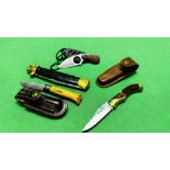 4 X VARIOUS HUNTING KNIVES TO INCLUDE MUELA IN LEATHER SHEATH, JACK PYKE,