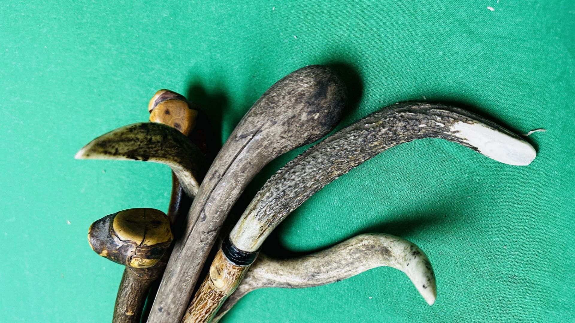 A GROUP OF FIVE VARIOUS WALKING AND SHOOTING STICKS INCLUDING HORN HANDLED CARVED, ETC. - Image 3 of 12