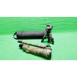 A MIRADOR SPOTTING SCOPE COMPLETE WITH TRIPOD, CARRY CASE AND MONOPOD STICK.