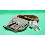 BARBOUR WAX SHOOTING BAG, TWO GOOD QUALITY LEATHER CARTRIDGE BELTS AND BARBOUR REPAIR KITS.