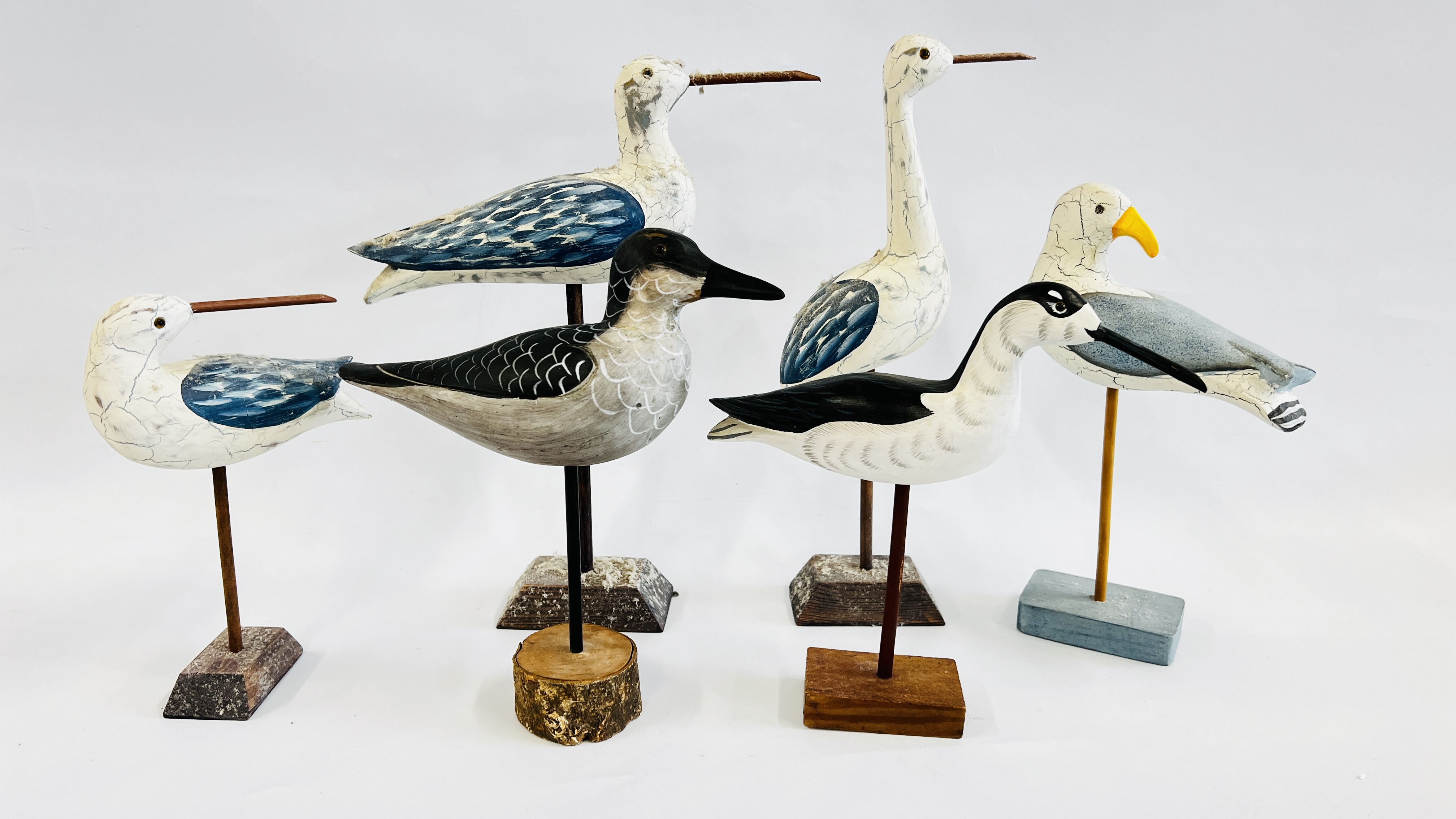 A GROUP OF 6 HAND CRAFTED WOODEN STUDIO BIRD STUDIES.