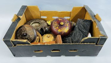 GROUP OF VINTAGE TREEN AND PAPIER MACHE HAND PAINTED TRINKET BOXES + 3 ANTIQUE ORNATE CARVED WOODEN