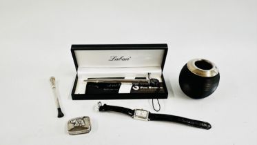 A GROUP OF MODERN SILVER TO INCLUDE PILL BOX, LABAN PEN, MATCH STRIKER, WATCH, CIGARETTE HOLDER.