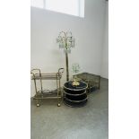A GROUP OF RETRO OCCASIONAL FURNISHINGS TO INCLUDE BRASSED TWO TIER TROLLEY WITH SMOKED GLASS