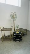 A GROUP OF RETRO OCCASIONAL FURNISHINGS TO INCLUDE BRASSED TWO TIER TROLLEY WITH SMOKED GLASS