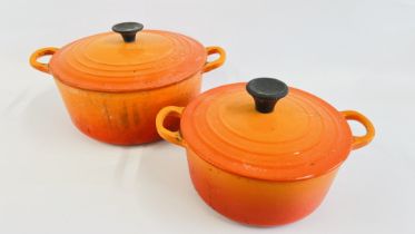 TWO LE CREUSET PANS WITH LIDS.