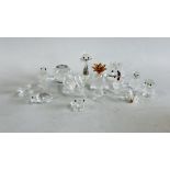 A GROUP OF SWAROVSKI CRYSTAL CABINET ORNAMENTS TO INCLUDE A PINEAPPLE, COCKERAL, HEDGEHOG ETC.