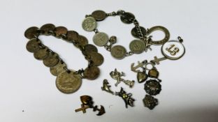 TWO SILVER COIN BRACELETS (ONE EXAMPLE HAVING REPLACEMENT LINKS) ALONG WITH A GROUP OF SILVER AND