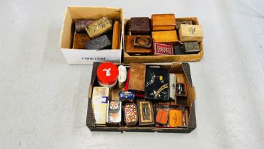 3 X BOXES OF ASSORTED VINTAGE TINS AND TRINKET BOXES TO INCLUDE LACQUERED EXAMPLES, ETC.