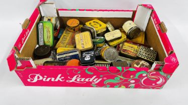 A BOX CONTAINING AN EXTENSIVE GROUP OF ASSORTED MODERN AND VINTAGE TOBACCO TINS TO INCLUDE COPES