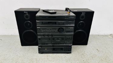 A SONY LBT-V302 STEREO SYSTEM INCLUDING COMPACT DISC PLAYER AND STEREO TURNTABLE + A PAIR OF