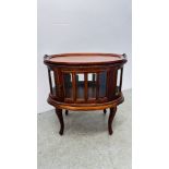 A REPRODUCTION MAHOGANY OVAL DRINKS CABINET WITH TRAY TO TOP,