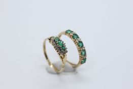 A 9CT GOLD DIAMOND CLUSTER RING SET WITH THREE GREEN STONES ALONG WITH A FURTHER YELLOW METAL RING