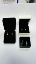 3 PAIRS OF EARRINGS, DIAMOND BAGUETTE, BLACK PEARL AND DIAMOND AND PEARL DROPS ALL 9CT GOLD.