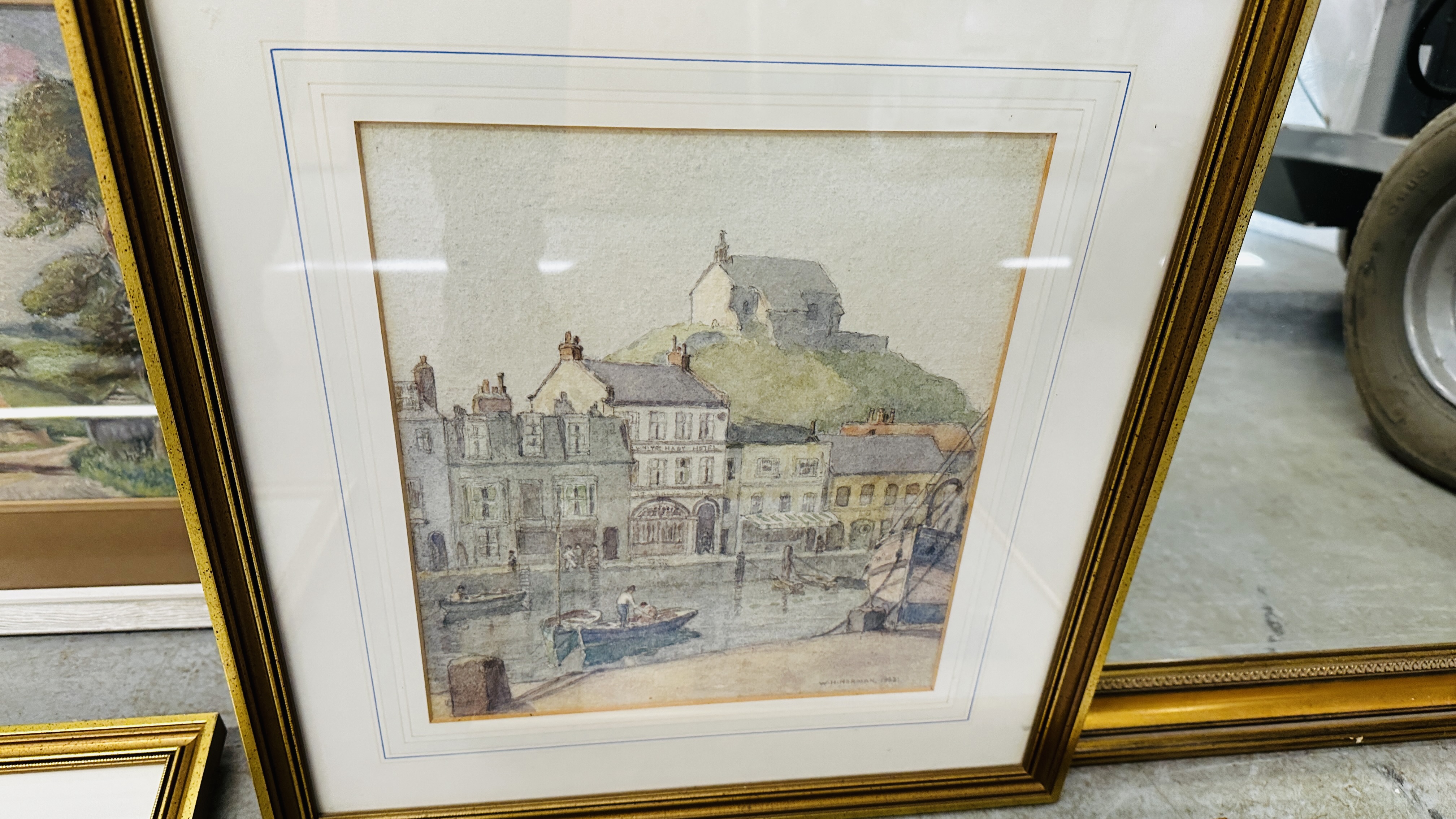 A FRAMED AND MOUNTED WATERCOLOUR, HARBOUR SCENE WITH FIGURES AND BOATS BEARING SIGNATURE W.J. - Image 4 of 7