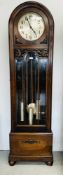 AN OAK CASED 1930's LONG CASE CLOCK, THREE TRAIN WEIGHT DRIVEN, WESTMINSTER CHIME - HEIGHT 195CM.