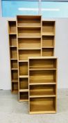 3 X MODERN LIGHT OAK FINISH SHELVING UNITS EACH W 56CM X D 26CM X H 198CM PLUS ONE FURTHER LOWER