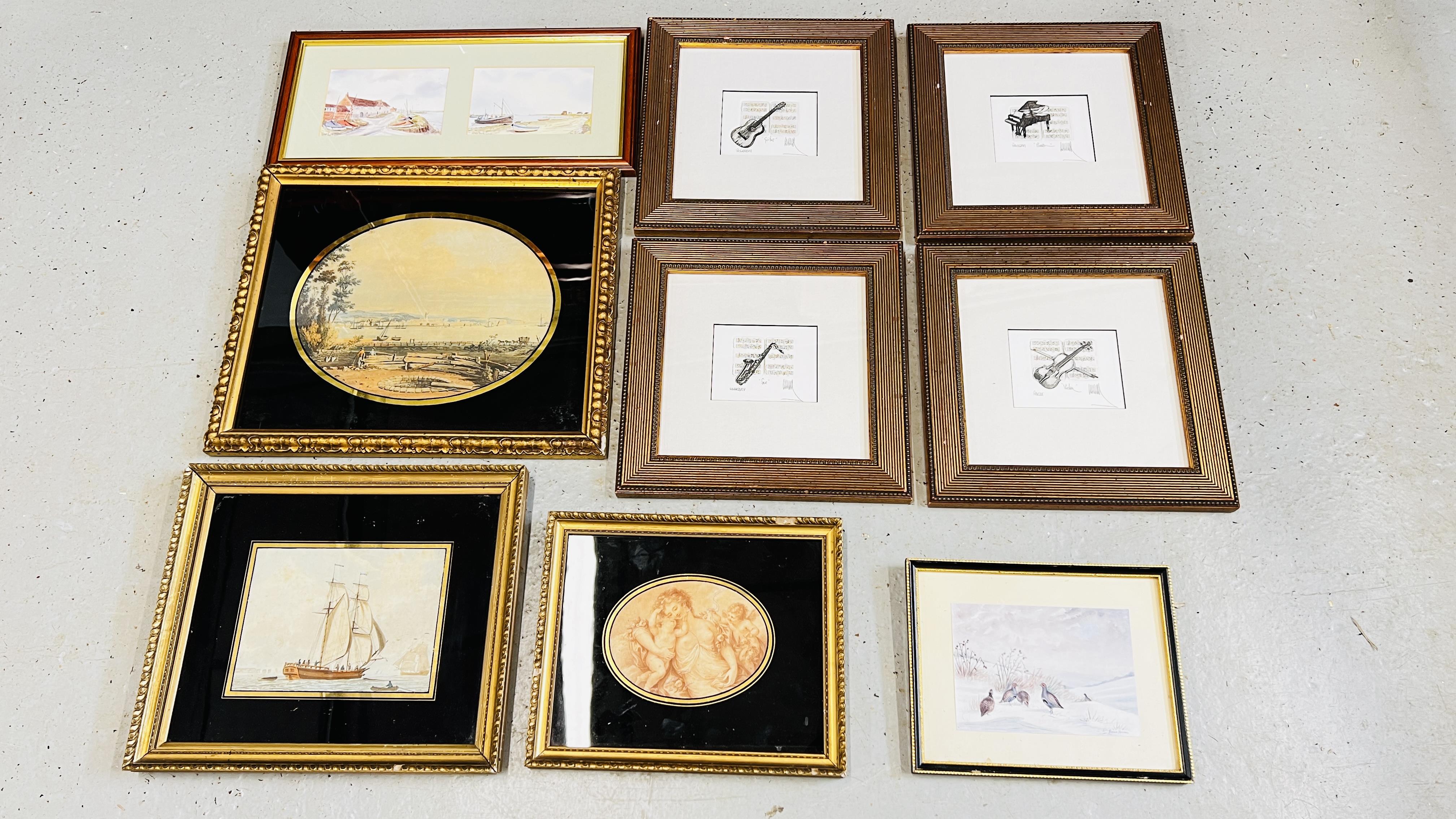 QUANTITY OF MODERN AND ANTIQUE PRINTS AND ENGRAVINGS TO INCLUDE A FRAMED SET OF 4 MUSIC RELATED