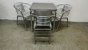 ALUMINIUM SQUARE TABLE COMPLETE WITH A SET OF THREE CHAIRS.