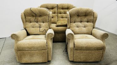 A FAWN UPHOLSTERED THREE PIECE LOUNGE SUITE COMPRISING 2 X ELECTRIC RECLINING EASY CHAIRS (ONE NO