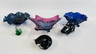 TWO PURPLE CARNIVAL GLASS DISHES, AN ART GLASS DISH AND PIG, CAT AND DUCK ORNAMENTS.