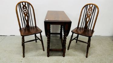 SOLID OAK BARLEY TWIST GATELEG DINING TABLE W 89CM D 42CM (EXTENDED 128CM) AND TWO WHEELBACK DINING