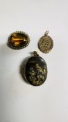 TWO ANTIQUE YELLOW METAL LOCKETS AND A YELLOW METAL STONE SET BROOCH.