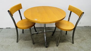 BEECHWOOD FINISH BISTRO SET COMPRISING CHROME FRAMED CIRCULAR TABLE (DIAMETER 80CM) AND TWO CHAIRS.