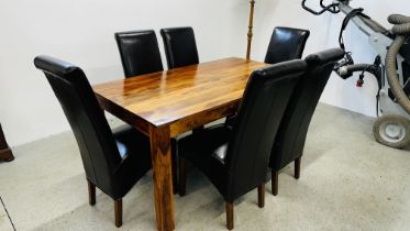 A MANGO WOOD DINING TABLE L 160 X D 90CM ALONG WITH A SET OF 6 DARK TAN FAUX LEATHER DINING CHAIRS.