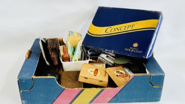 A BOX CONTAINING AN EXTENSIVE GROUP OF SMOKING PARAPHERNALIA TO INCLUDE EMPTY CIGAR BOXES,