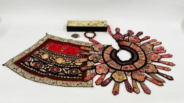 A CHINESE BOX WITH EMBROIDERED LID, AN EMBROIDERED COLLAR, EMBROIDERED PANEL,