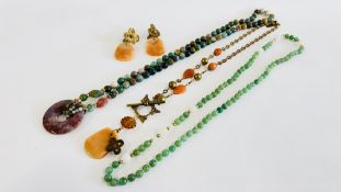 TWO POLISHED HARDSTONE BEADED NECKLACES + A FURTHER ORIENTAL EXAMPLE MARKED "JAN MICHAELS" WITH