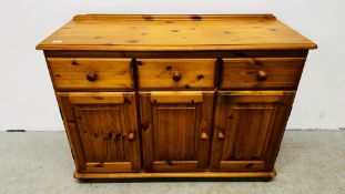 HONEY PINE THREE DRAWER DRESSER BASE WIDTH 117CM DEPTH 44CM HEIGHT 87CM.