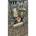 A GROUP OF DECORATIVE GARDEN STONEWORK TO INCLUDE SEATED LION - HEIGHT 67CM BIRD BATH SUPPORTED BY