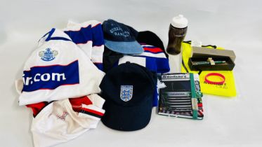BOX OF QUEENS PARK RANGERS SUPPORTERS WEAR INCLUDING SHIRTS, HATS AND SCARF.
