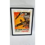 FRAMED REPRODUCTION R.A.A.F POSTER "ON TO VICTORY" AIR CREWS WANTED.