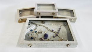A JEWELLERY DISPLAY AND CONTENTS TO INCLUDE MANY DESIGNER SILVER STONE SET PIECES TO INCLUDE A