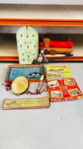A GROUP OF VINTAGE TOYS, A WOODEN TRAIN, A BAGATELLE BOARD, TIN FOOTBALL GAME, JIGSAWS, TAMBOURINE,