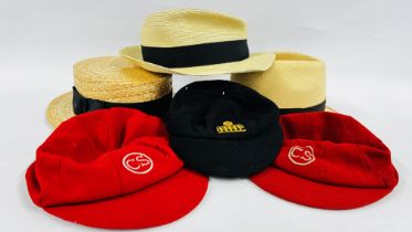 3 SCHOOL CAPS, BATES HATTER ST. JAMES LONDON BOATER, 2 PANAMA HATS - ONE MADE IN ENGLAND.
