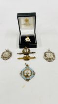 3 VINTAGE FOOTBALL MEDALS + 3 ARMED FORCES LAPEL BADGE PINS.